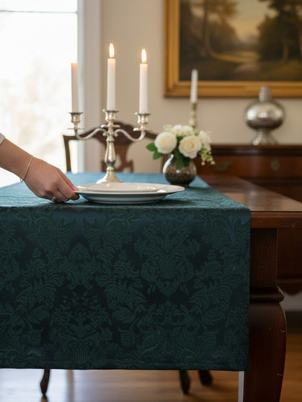 DAMASK Fabric Cloth Tablecloth Dark Green Jacquard 60" x 84" Oblong Cotton Blend